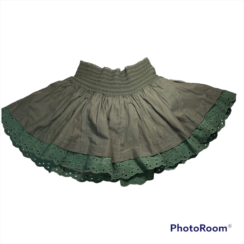 Olive green circle mini skirt with eyelet trim size S